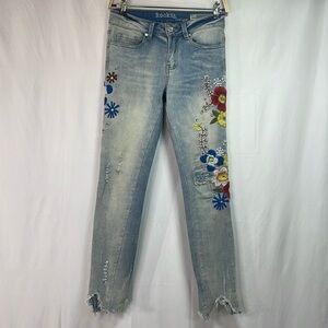 🪼 Rocks  & Indigo floral embroidery and rhinestone, distressed jeans,